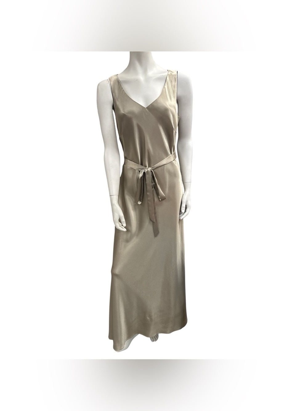 Oblique Sleeveless Satin Maxi Dress with Waist Tie - Cream Size L